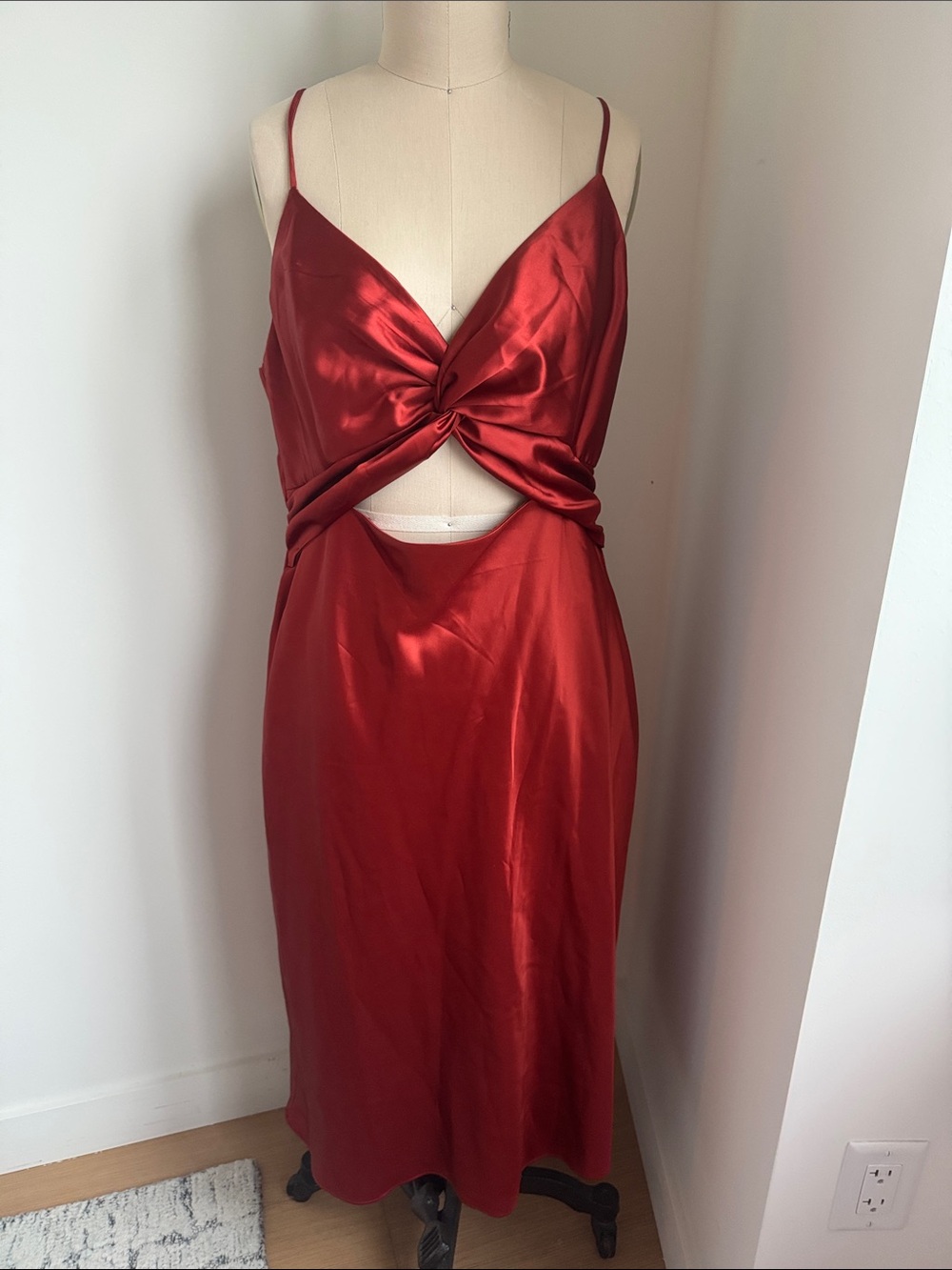 Rust Satin Twist-Front Cutout Midi Dress